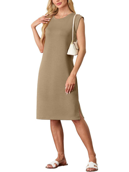 🔥Summer Sale 49% OFF💥Women Round Neck Loose Split Wrinkle-Free Midi Dress with Pockets | Split Hem Airflow Design