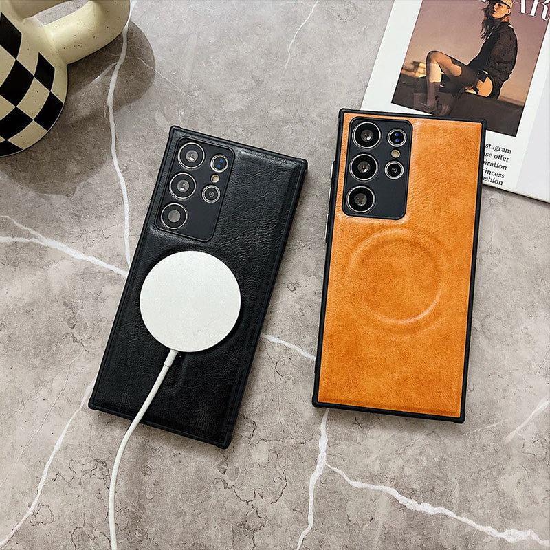 Étui de téléphone haut de gamme en cuir anti-chute avec chargement sans fil magnétique pour Samsung Galaxy 