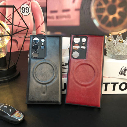 Étui de téléphone haut de gamme en cuir anti-chute avec chargement sans fil magnétique pour Samsung Galaxy 