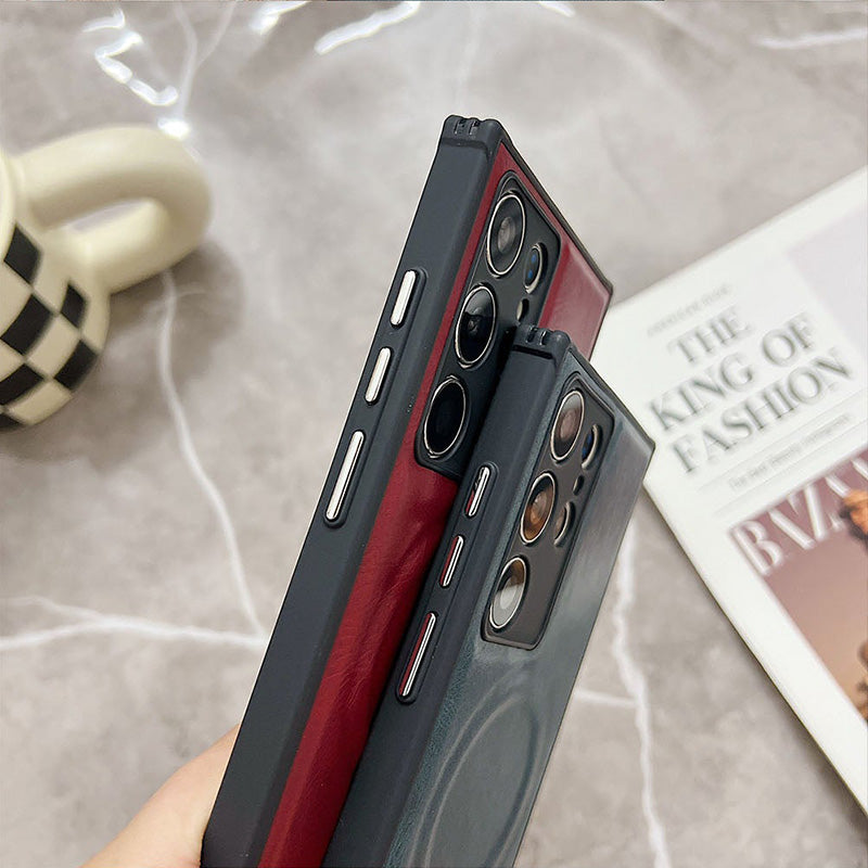 Étui de téléphone haut de gamme en cuir anti-chute avec chargement sans fil magnétique pour Samsung Galaxy 