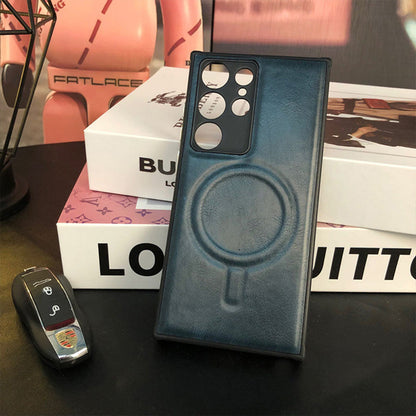 Étui de téléphone haut de gamme en cuir anti-chute avec chargement sans fil magnétique pour Samsung Galaxy 