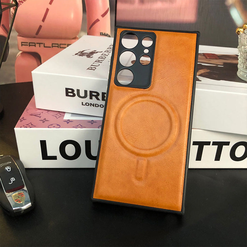 Étui de téléphone haut de gamme en cuir anti-chute avec chargement sans fil magnétique pour Samsung Galaxy 