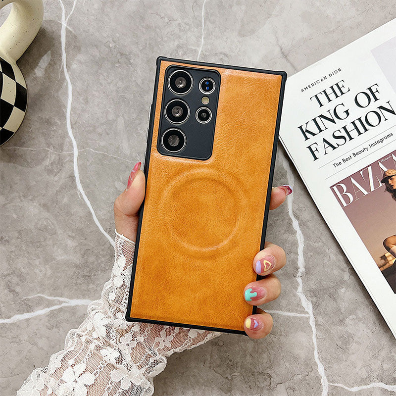 Étui de téléphone haut de gamme en cuir anti-chute avec chargement sans fil magnétique pour Samsung Galaxy 