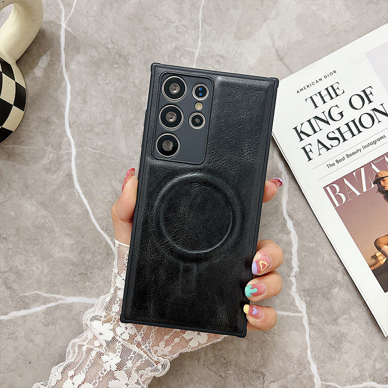 Étui de téléphone haut de gamme en cuir anti-chute avec chargement sans fil magnétique pour Samsung Galaxy 