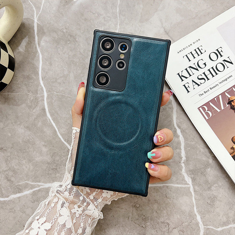 Étui de téléphone haut de gamme en cuir anti-chute avec chargement sans fil magnétique pour Samsung Galaxy 