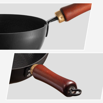 Wok artisanal en fonte martelée non revêtue avec couvercle
