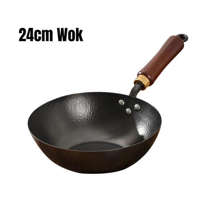 Wok artisanal en fonte martelée non revêtue avec couvercle