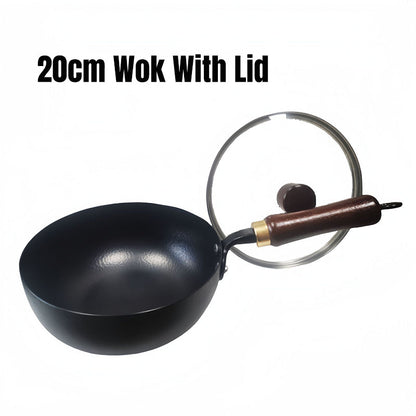 Wok artisanal en fonte martelée non revêtue avec couvercle