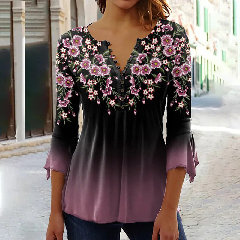 Women Elegant Floral Print V-Neck Top