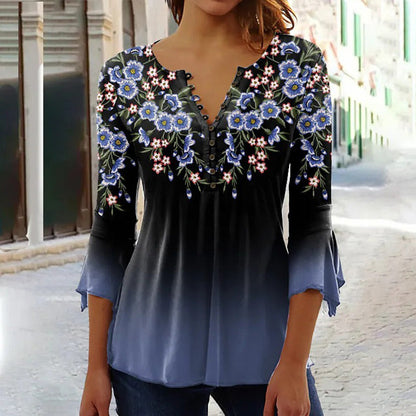 Women Elegant Floral Print V-Neck Top